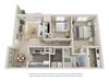 Two bed, one bath floor plan. Two bedroom, one bathroom three dimensional floor plan.